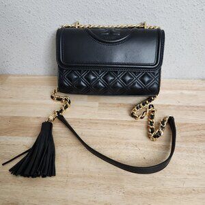 Tori Burch Black Leather Fleming Chain Handbag with Tassle